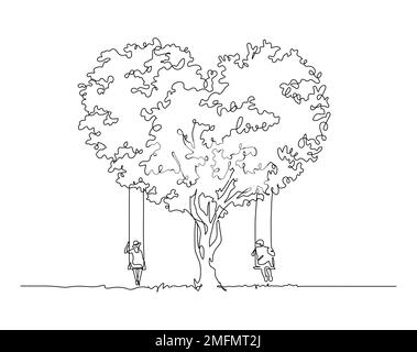 Ein Paar sitzt auf der Schaukel unter einem herzförmigen Baum in einer romantischen Szene im Strichstil Stock Vektor