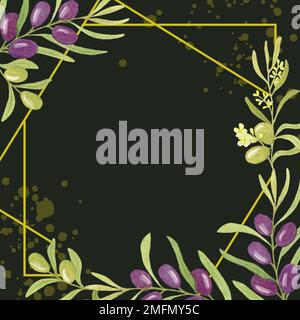 Aquarellkarte mit Zweigen aus schwarzem Olivgrün. Abbildung handgezeichnet. Olivenbeeren auf einem Ast. Design für Begrüßung, Menü, Postkarte Stockfoto