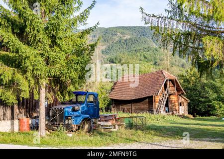 Verlassener alter Volvo Truck neben Pinien und altem serbischen Landhaus oder Scheune. Westserbien. Stockfoto