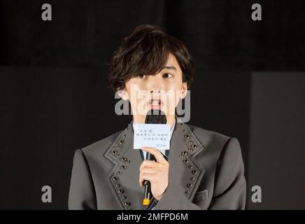 Shunsuke Michieda (Naniwa Danshi), 25. Januar 2023 : Ein japanischer Schauspieler und Sänger Shunsuke Michieda nimmt an einer Pressekonferenz in Seoul, Südkorea Teil, um den koreanischen Fans zu danken und den Film "selbst wenn diese Liebe heute Nacht aus der Welt verschwindet" zu bewerben, in dem er die Hauptrolle spielt. Kredit: Lee Jae-Won/AFLO/Alamy Live News Stockfoto