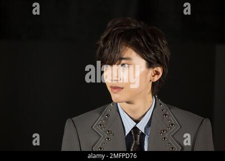 Shunsuke Michieda (Naniwa Danshi), 25. Januar 2023 : Ein japanischer Schauspieler und Sänger Shunsuke Michieda nimmt an einer Pressekonferenz in Seoul, Südkorea Teil, um den koreanischen Fans zu danken und den Film "selbst wenn diese Liebe heute Nacht aus der Welt verschwindet" zu bewerben, in dem er die Hauptrolle spielt. Kredit: Lee Jae-Won/AFLO/Alamy Live News Stockfoto