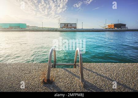 Cesenatico-Kanal, Fischerhütten in Meeresnähe und Stahlleiter im Vordergrund. Emilia Romagna, Provinz Forli Cesena, Italien Stockfoto