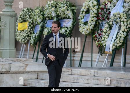 Athen, Griechenland. 16. Januar 2023 Prinz Nikolaos nimmt an der Beerdigung des ehemaligen Königs Konstantin II. Von Griechenland in der Kathedrale von Athen Teil. Kredit: Nicolas Koutsokostas/Alamy Stock Photo. Stockfoto