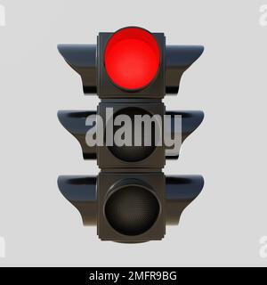 Rote Ampel isolierter Ausschnitt auf grauem Hintergrund. Semaphore-Ampel mit rotem Bremssignal. Straßenaufmerksamkeitskonzept. 3D-Rendern Stockfoto