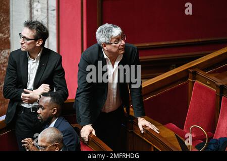 Paris, Frankreich. 24. Januar 2023. Eric Coquerel (LFI, La France Insoumise) während einer Fragestunde an die Regierung auf der Nationalversammlung in Paris, Frankreich, am 24. Januar 2023. Foto von Victor Joly/ABACAPRESS.COM Kredit: Victor Joly/Alamy Live News Stockfoto