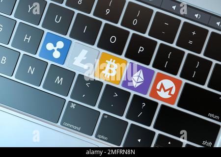 Verschiedene Kryptowährungssymbole auf der Laptop-Tastatur. Technologiekonzept. 3D-Rendering Stockfoto