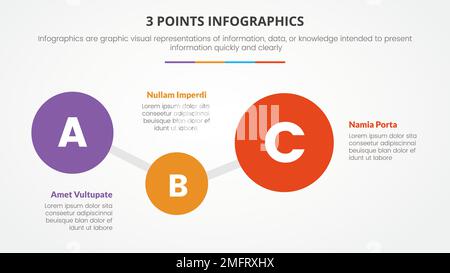 Infografik mit 3 Punkten oder Stufen und Kreisform in die richtige Richtung für Folienpräsentation mit 3-Punktlistenvektor Stockfoto