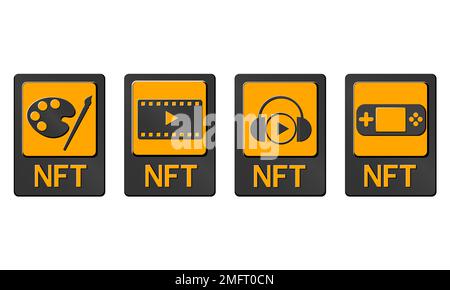 3D NFT-Tokenkarten in der Kryptografie. NFT-Karten mit Spiel, Musik, Video und Kunst. Ein nicht fungierbares Token mit Informationen aus der Blockkette. ERC20 Stock Vektor