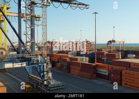 Containerterminal mit verstauten Containern von verschiedenen Verladerkränen und Verladerträgern in Livorno. Stockfoto