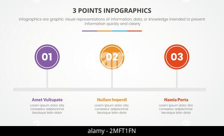 3 Punkte oder Stufen Infografik Konzept mit der richtigen Richtung und dem richtigen Zeitrahmen für die Folienpräsentation mit 3-Punkte-Listenvektor Stockfoto