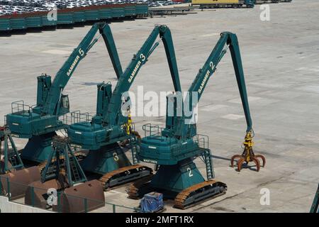 Baumgrüne Raupenbagger des Unternehmens Mantsinen für die Schrotthandhabung werden im Hafen geparkt. Stockfoto