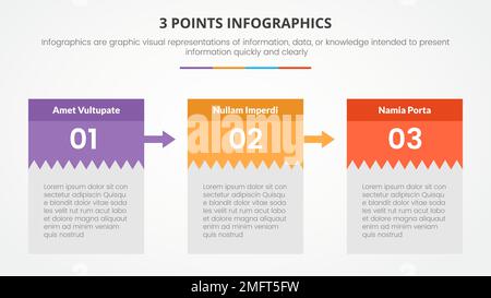 3 Punkte oder Stufen Infografik Konzept mit richtiger Richtung und eingekastertem Informationspfeil für Folienpräsentation mit 3-Punktelistenvektor Stockfoto