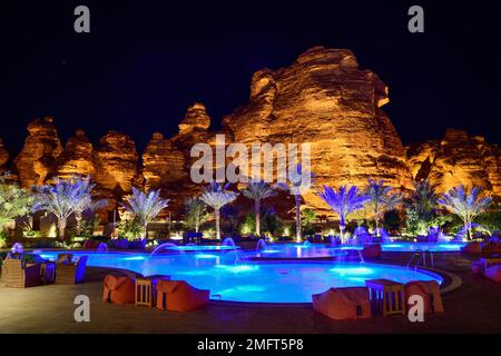 Shaden Resort by Night, Alula, Medina Province, Saudi-Arabien, Arabische Halbinsel Stockfoto