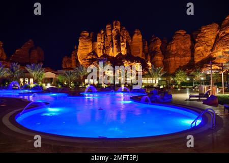 Shaden Resort by Night, Alula, Medina Province, Saudi-Arabien, Arabische Halbinsel Stockfoto