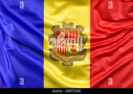 Die geraffte Flagge von Andorra. 3D-Rendering Stockfoto