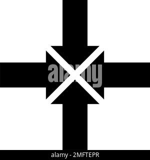 4-Richtungspfeil in der Mitte, Konvergenzpfeile. Abbildung des Symbols „Flachvektor“. Einfaches schwarzes Symbol auf weißem Hintergrund. Pfeilmitte, Konvergenzpfeile Stock Vektor