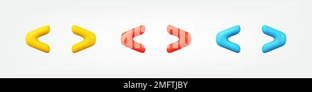 Farbige 3D-Symbolgruppe in eckigen Klammern. Realistische Vektordarstellung „kleiner als“ und „größer als“. Design Elements Kollektion mit minimalistischem Cartoon-Style Stock Vektor