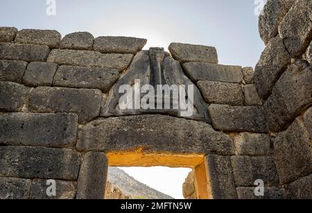 Löwentor, Mykene, Griechische Archäologische Stätte, Peloponnes, Griechenland Stockfoto