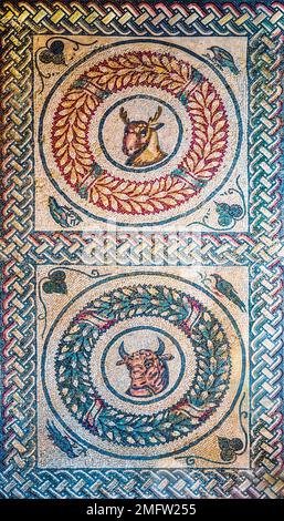 Medaillons mit Tierköpfen im pery-Stil, Mosaikboden, 3., 4. c. römische Luxusvilla, Villa Romana del Casale, Piazza Armerina, Sizilien, Piazza Stockfoto