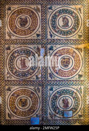 Medaillons mit Tierköpfen im pery-Stil, Mosaikboden, 3., 4. c. römische Luxusvilla, Villa Romana del Casale, Piazza Armerina, Sizilien, Piazza Stockfoto