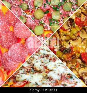 Collage mit köstlicher Pizza. Set mit Pizza-Struktur. Lebensmittelbanner. Quadratisches Format Stockfoto