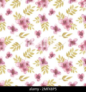 Goldene Blätter, Zweig und rosa Blumen, nahtloses Muster, handgezeichneter Blumenhintergrund, Aquarellblüten wiederholen Papier. Textildesign. Stockfoto