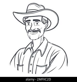 Schwarze Ikone eines Bauern mit Cowboyhut. Abbildung eines flachen Vektors. Stock Vektor