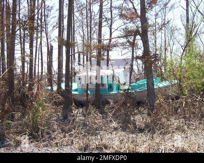 Nachwirkungen - versetzte Boote - Verschiedenes - 26-HK-28-246. Schiff im Wald. Hurrikan Katrina Stockfoto