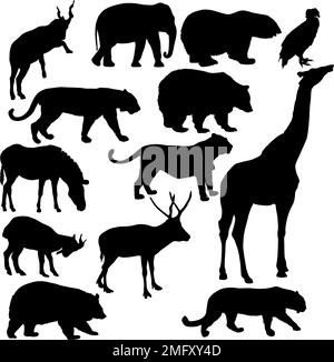 Silhouette Elefant bear eagle Trab Ente zebra Papagei auf einem weißen Hintergrund. Stock Vektor