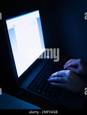 Weibliche Hände, die tippen, arbeiten auf einem pc-Laptop im Dunkeln Stockfoto