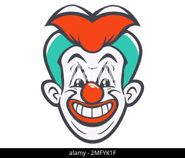 Kopf eines süßen Clowns mit einem Schlaganfall. narrenfigur mit einem großen Lächeln. Abbildung eines flachen Vektors. Stock Vektor