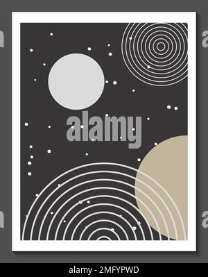Abstraktes Poster mit geometrischen Linien. Minimalistische, kreative Bo-Ho-Wandformen, die von Hand gemalt werden. Modernes grafisches Poster mit Linien, Punkten und einem Kreis auf Schwarz Stock Vektor