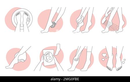 Fußpflege dünne Liniensymbole stellen die Vektordarstellung ein. Skincare Infografik Sammlung von Pediküre Spa Verfahren, Mädchen schälen Absätze mit Bimsstein oder schälenden Socken, tragen Haarentfernungscreme auf Stock Vektor