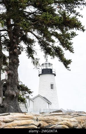 Pemaquid Point Lighthouse vom Felsenufer in Maine Stockfoto