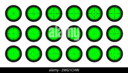 Verschiedene Waffen Nachtsicht, Scharfschützengewehr optische Scopes. Jagdgewehr-Sucher mit Fadenkreuz. Ziel, schießen Marke Symbol. Militärisches Zielschild Stock Vektor