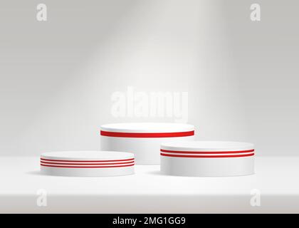 Weiße Podien. Runde 3D leeres Vektorpodium. Standfüße im Ausstellungsraum, Bodenplattform für die Produktpräsentation, vektorisoliertes Modell Stock Vektor