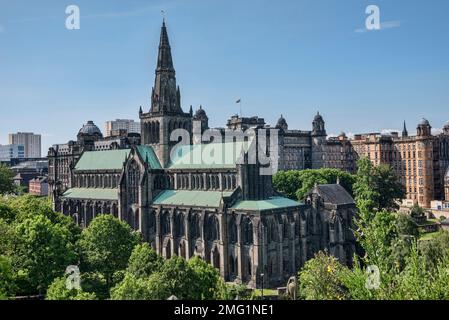 Blick auf die Kathedrale von Glasgow mit der königlichen Krankenstation im Hintergrund. Stockfoto