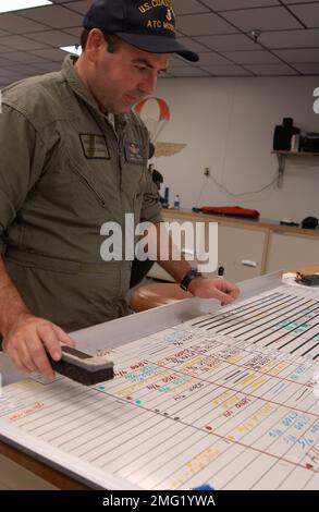 Strukturen der Küstenwache - Luftwaffenstützpunkte - Operationen - 26-HK-96-128. AIRSTA OPS--Küstenwachmann arbeitet mit Whiteboard am Tisch. Hurrikan Katrina Stockfoto