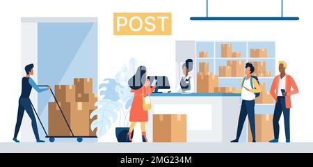 Zustellung an die Post, Vektordarstellung des Postdienstes. Eine Comic-Frau, die an der Rezeption steht, um ein Paket oder einen Brief zu erhalten, zu senden oder zurückzuschicken, eine Arbeiterin schiebt den Wagen mit Kartons ins Lager Stock Vektor