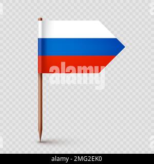 Realistische russische Zahnstocherflagge. Souvenir aus Russland. Zahnstocher aus Holz mit Papierfahne. Positionsmarke, Kartenzeiger. Blanko-Mockup für Werbung und Stock Vektor