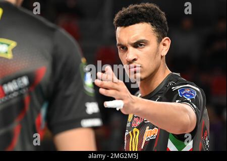 Eurosuole Forum, Civitanova Marche, Italien, 25. Januar 2023, Barthelemy Chinenyeze #10 (Cucine Lube Civitanova) während des Volleyballspiels Cucine Lube Civitanova gegen Knack Roeselare - CEV Champions League Stockfoto