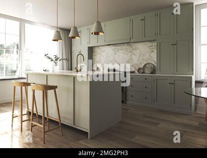 Japanisch modernes skandinavisches Apartment Küche Innendesign. Dekoration mit grüner Pastelltreppe, Holzschrank und Marmorablagefläche. 3D Stockfoto