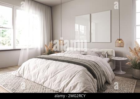 Vertikales Modell mit zwei Rahmen im Schlafzimmer mit Holzfußboden und weißem Bett. Beige Decke, Kissen und getrocknetes Gras. Korb- und Korblampe ein Stockfoto