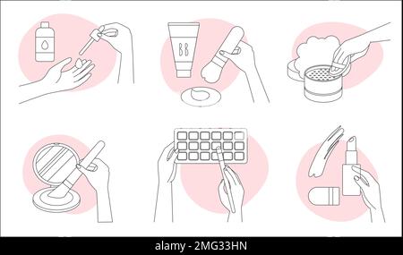 Make-up mit kosmetischen Schönheitsprodukten dünne Liniensymbole stellen Vektorbilder ein. Umreißen Sie weibliche Hände, die den Pinsel halten, um BB Creme und Lidschatten, Rouge und luxuriöses Puder auf das Gesicht und Lippenstift auf die Lippen aufzutragen Stock Vektor