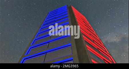 Erstaunlicher Wolkenkratzer, der blau rot beleuchtet ist und einen Sternenhimmel im Hintergrund hat. Ansicht von unten. 3D-Rendering. Stockfoto