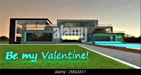 Sei mein Valentinstag, türkisfarbener Text auf dem grünen Gras. Wunderschönes Haus mit beleuchteter Glasfassade bei Nacht ist im Hintergrund. 3D-Rendering. Stockfoto
