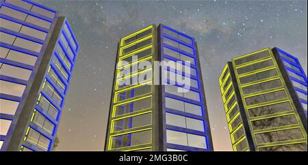 Herrlicher Sternenhimmel über zeitgenössischen gehobenen Apartmentgebäuden mit Glasfassade, die in Blau und Gelb leuchtet. 3D-Rendering. Stockfoto