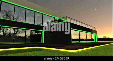 Gelb leuchtender Rand auf dem grünen Rasen bei Nacht vor dem eleganten minimalistischen Haus mit beleuchteter Fassade. 3D-Rendering. Stockfoto