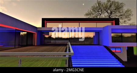 Blau leuchtende Treppe des modernen, gehobenen Hauses mit beleuchteten roten horizontalen Linien. Ein fantastischer Sternenhimmel. 3D-Rendering. Stockfoto