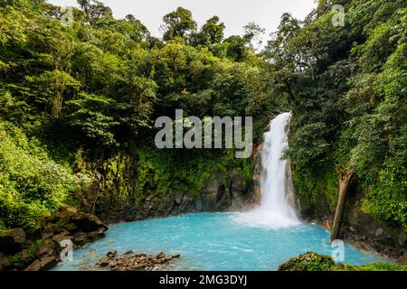 Wasserfall entlang des unverwechselbar türkisfarbenen Rio Celeste (himmelblauer Fluss) im Tenorio Volcano National Park. Stockfoto